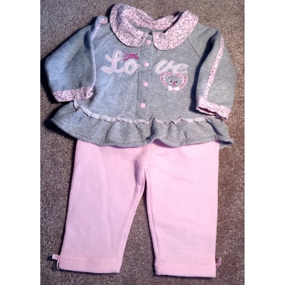 Girl's Size 6-9 M Months Two Piece Gray Okie Dokie "Little Love" Cat Top + Pants - Picture 2 of 6